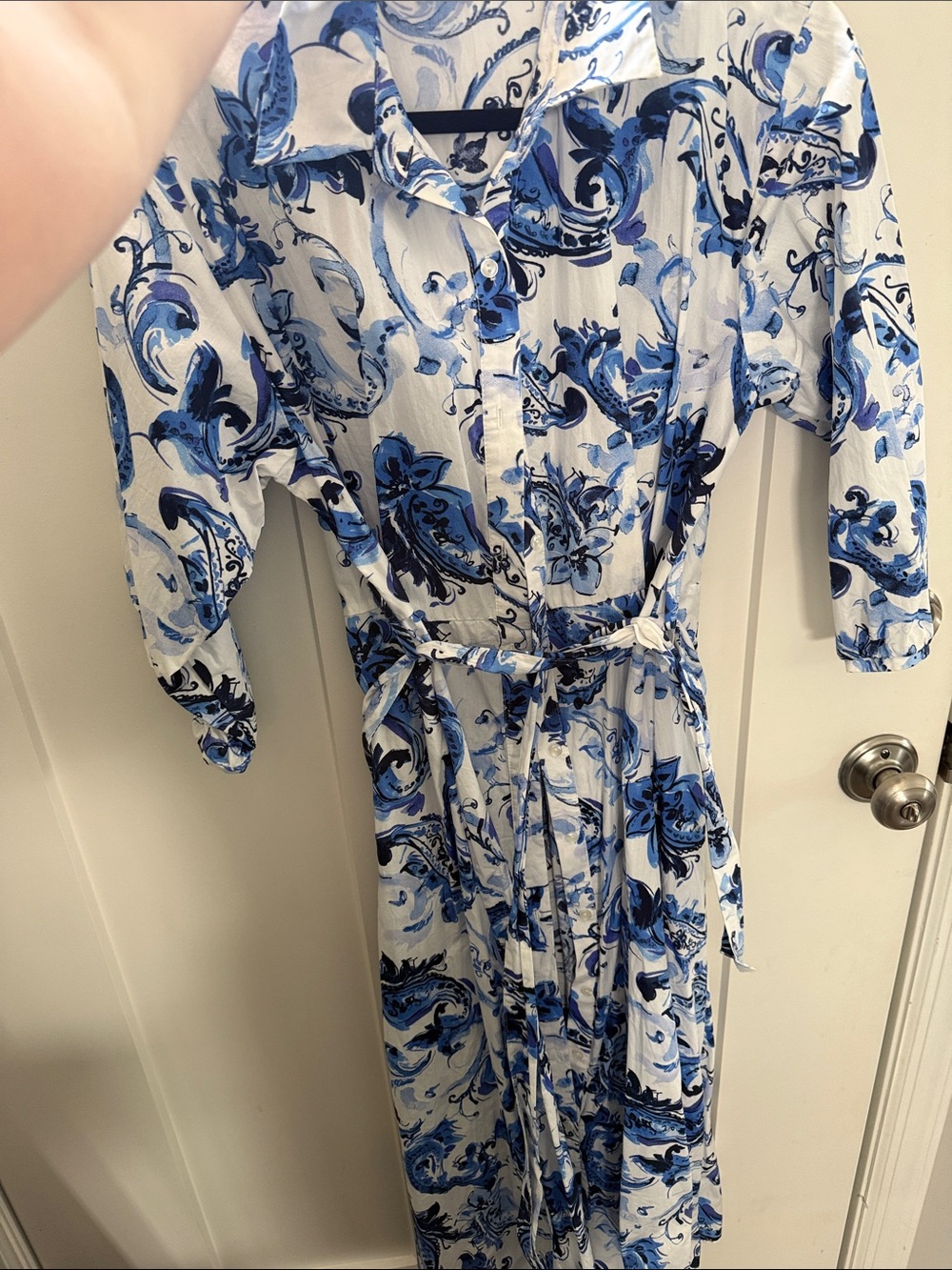 Zara White Maxi Dress with Blue Floral Print and Tie Belt